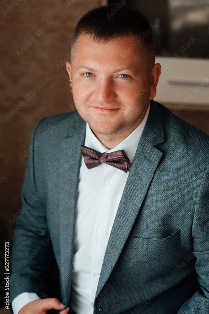 Happy groom. Wedding morning. Close up. Smile, portrait. Happy groom. Wedding morning. Close up. Smile, portrait.