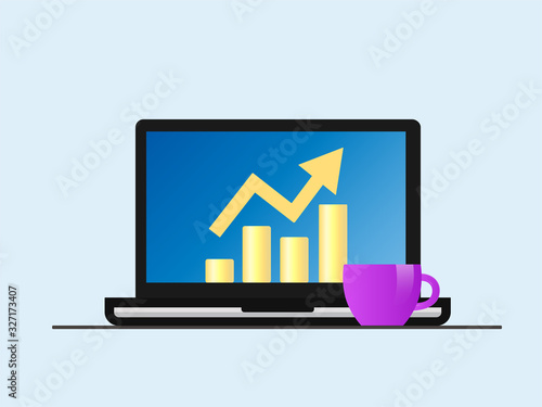 Laptop with positive forex chart on desktop with coffee cup. Stock vector illustration. Isolated.