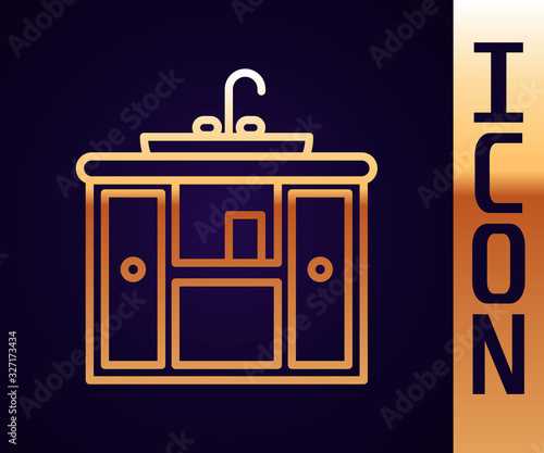 Gold line Washbasin cabinet with water tap icon isolated on black background. Vector Illustration