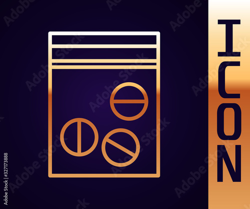 Gold line Plastic bag of drug icon isolated on black background. Health danger. Vector Illustration