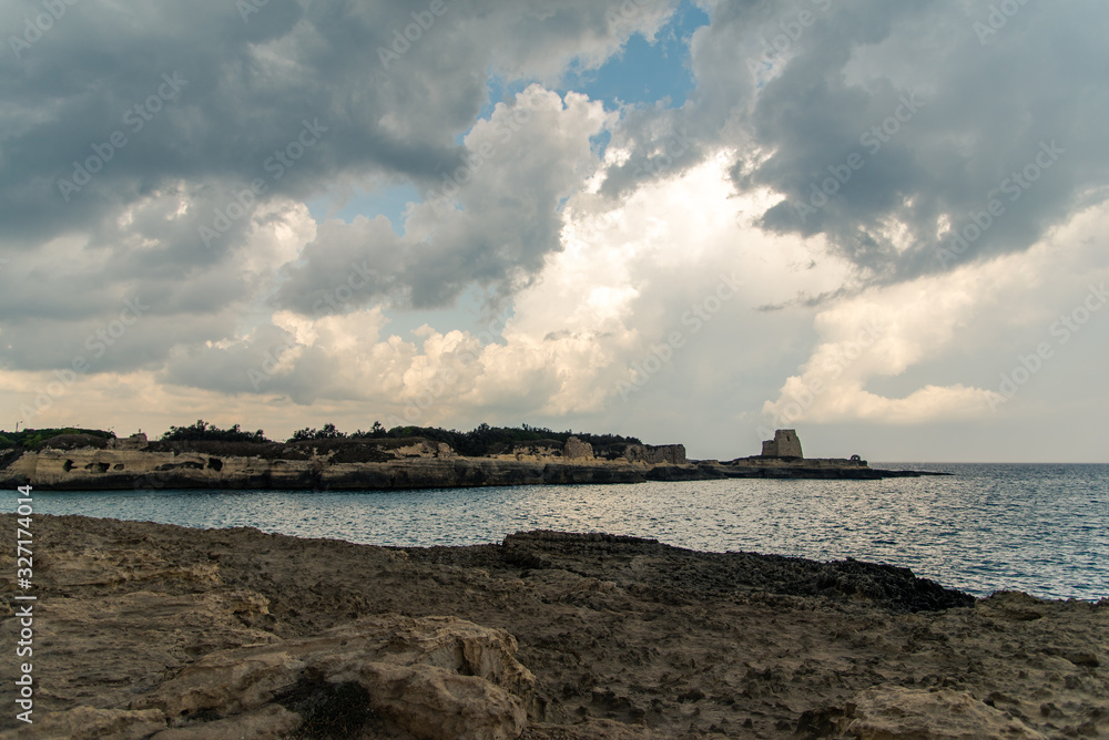 Coastline near Grotta Della Poesia, province of Lecce, in the Salento region of Puglia, southern Italy.