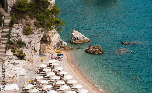 Mattinata Faraglioni stacks and beach coast of Baia Delle Zagare, Vieste Gargano, Apulia, Italy