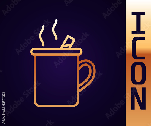 Gold line Mulled wine with glass of drink and ingredients icon isolated on black background. Cinnamon stick, clove, lemon slice. Vector Illustration