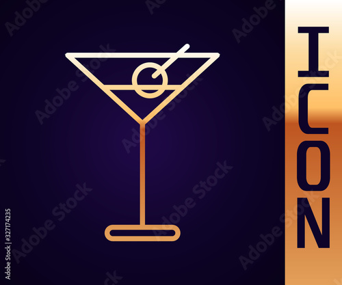 Gold line Martini glass icon isolated on black background. Cocktail icon. Wine glass icon. Vector Illustration