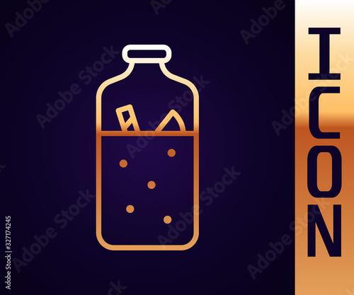Gold line Mulled wine with ingredients icon isolated on black background. Cinnamon stick, clove, lemon slice. Vector Illustration