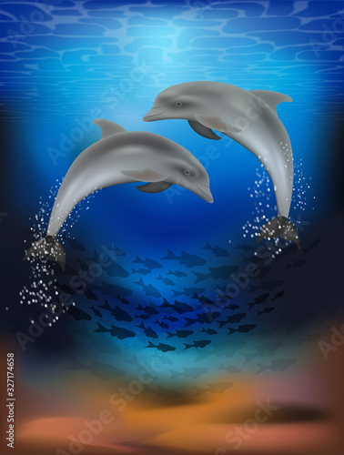 Underwater wallpaper with dolphins . vector illustration