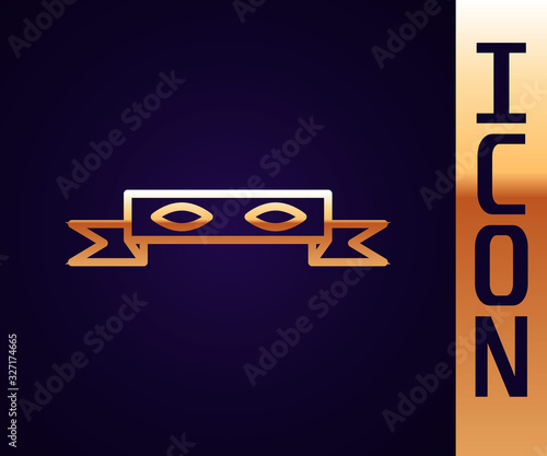 Gold line Thief eye mask icon isolated on black background. Vector Illustration