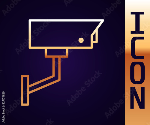 Gold line Security camera icon isolated on black background. Vector Illustration