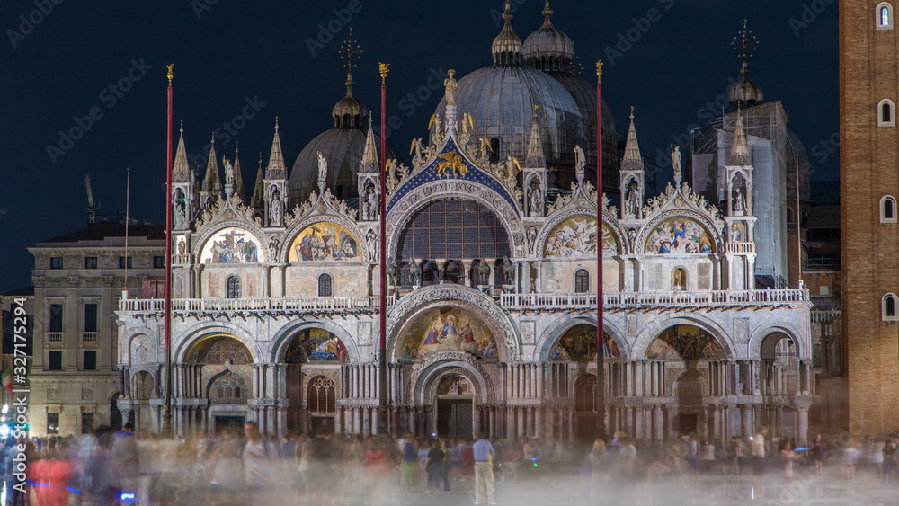 Basilica of St Mark night timelapse. It is cathedral church of Roman Catholic Archdiocese of Venice