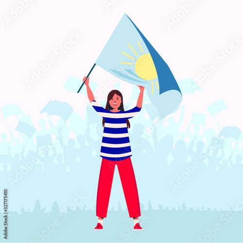 Woman  with the flag. People taking part in picketing, mass meeting, parade or rally, demonstration. Flat cartoon vector illustration.