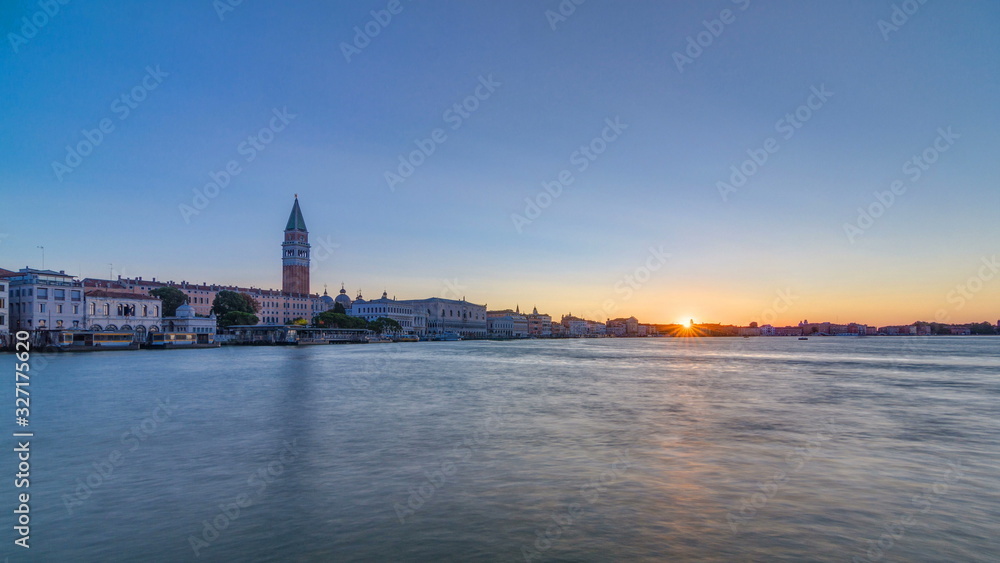 Beautiful sunrise in Grand canal over San Marco square timelapse. View from Church of Santa Maria della Salute, Venice, Italy, European Union.