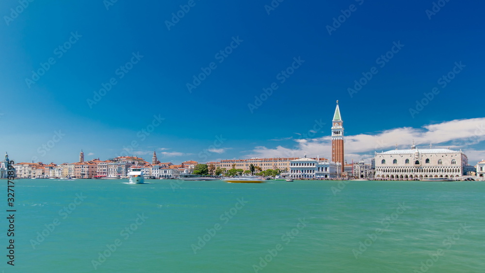 Venice Panorama timelapse with the Giudecca Island, the Madonna della Salute Church, Doge's Palace, St. Marc Square seen from the bell tower of the St. George