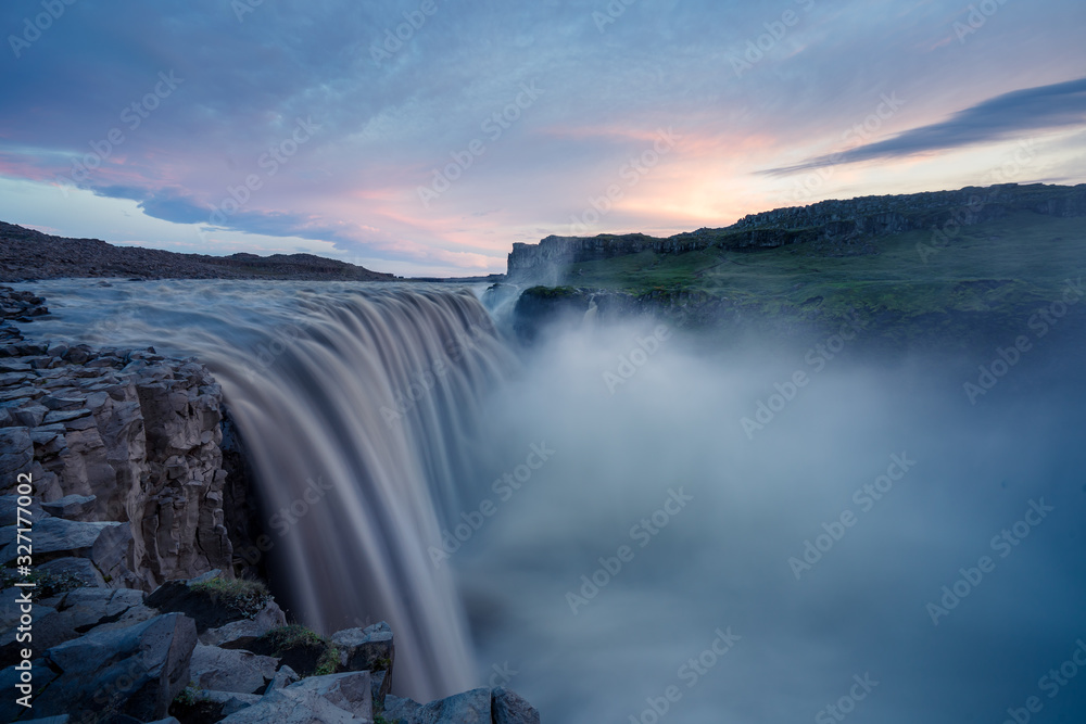Majestic Dettifoss during blue hour, purple sky, Iceland