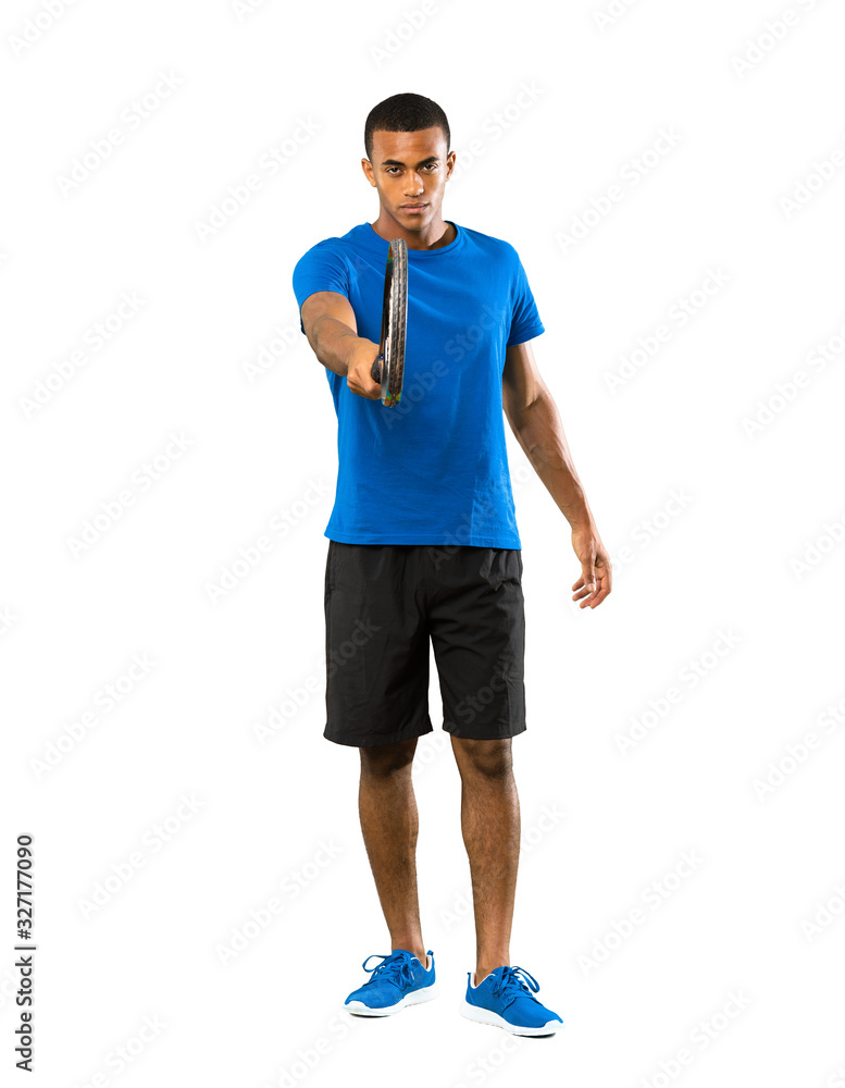 Full-length shot of African American tennis player man over isolated white background Full-length shot of African American tennis player man over isolated white background