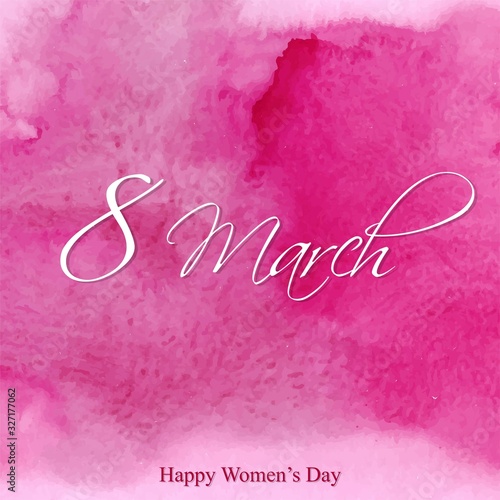 International Women's Day greeting card. 8 March watercolor postcard. Bright pink backgound.