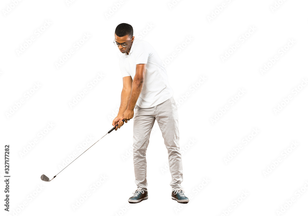 Full-length shot of Afro American golfer player man over isolated white background Full-length shot of Afro American golfer player man over isolated white background