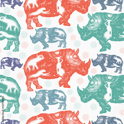 Rhinoceros. Seamless pattern. Packing old paper, scrapbooking style. Vintage background. Medieval manuscript, engraving art. Rhino double exposure. Symbol Africa, savannah, travel