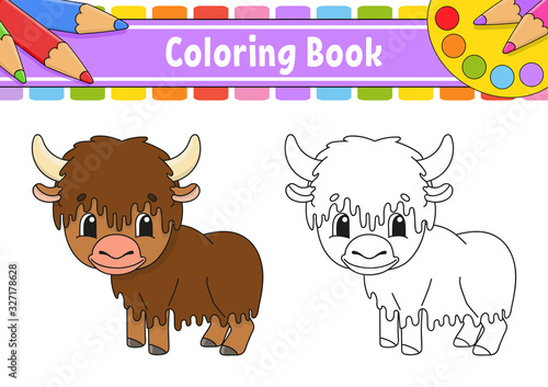 Coloring book for kids. Cheerful character. Vector color illustration. Cute cartoon style. Fantasy page for children. Black contour silhouette. Isolated on white background.