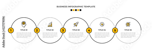 Minimal Modern Minimalist Business Infographics template with circle shape. 5 steps / option timeline with icons. For presentation, process, diagram, workflow, chart. Vector with orange, black