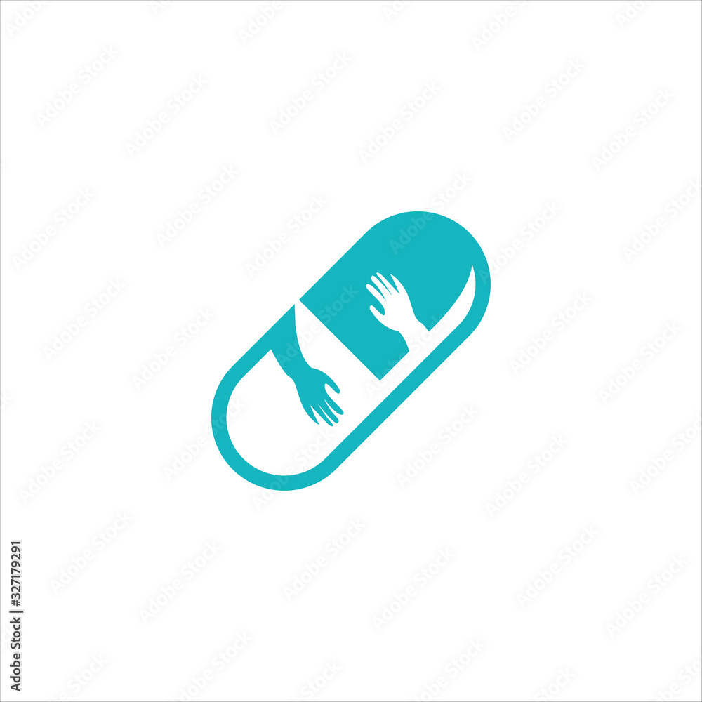 Pill icon with hand care icon inside vector logo illustration Pill icon with hand care icon inside vector logo illustration