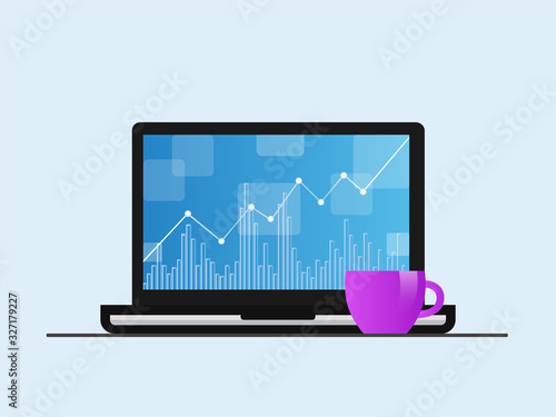 Laptop with positive forex chart on desktop with coffee cup. Stock vector illustration. Isolated.
