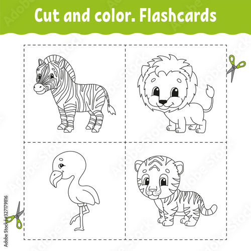 Cut and color. Flashcard Set. flamingo, tiger, lion, zebra. Coloring book for kids. Cartoon character. Cute animal.