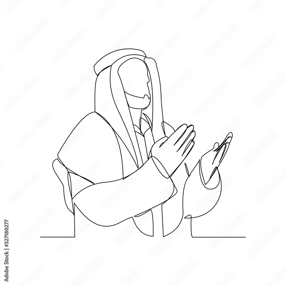 Continuous line drawing of muslim arabic man praying raise and open hand. Single line art of ramadan kareem and ied mubarak greeting card concept. Vector illustration
