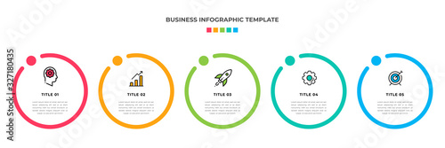 Modern Minimalist Business Infographic template circle shape. 5 steps / option timeline with icons. For presentation, process, diagram, workflow, chart. Vector with red, blue, green, orange color