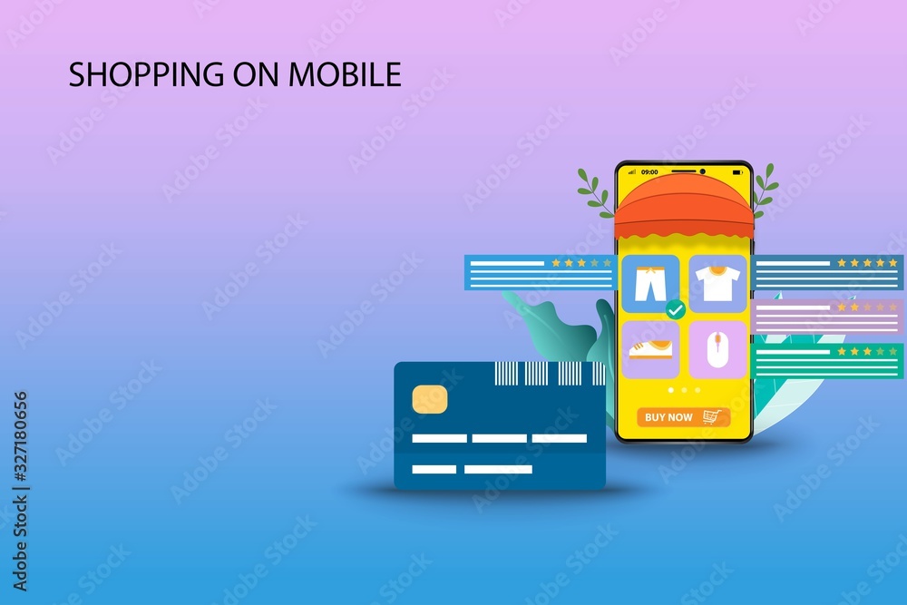 Business concept of shopping on mobile phone, Credit card is in the front of smartphone which the display contains list of products, customer rating and reviews in pastel color background.