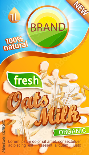 Fototapeta Naklejka Na Ścianę i Meble -  Oats milk label for your brand. Natural and fresh drink,cereals in a milk splash.Logo, sticker, emblem for stores, packaging and advertising.Template for your design.Vector illustration.