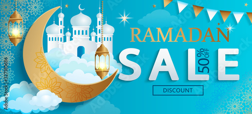 Ramadan Kareem sale Banner.Discount card, flyer for traditional muslim holiday shopping with golden ornament,lamp,mosque and crescent for happy celebration.Islamic greeting poster.Vector illustration.