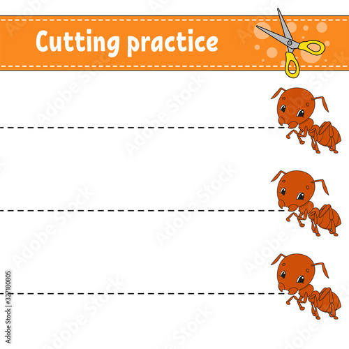 Cutting practice for kids. Insect ant. Education developing worksheet. Activity page. Color game for children. Isolated vector illustration. Cartoon character.