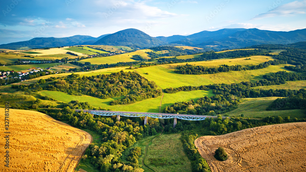 Aerial view of railway viaduct on the Tatra hills in Slovakia
