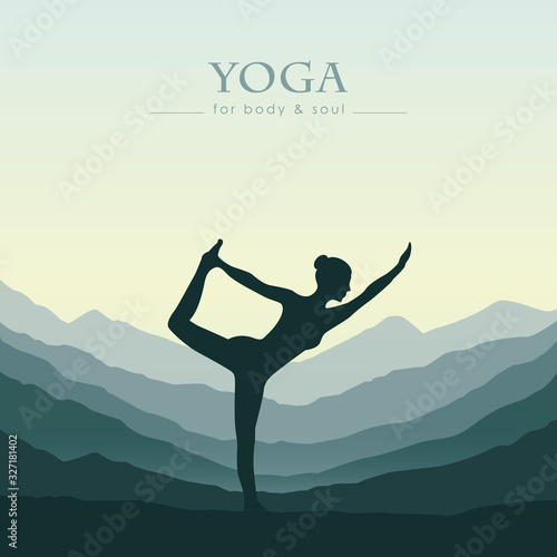 girl makes yoga on green mountain landscape vector illustration EPS10