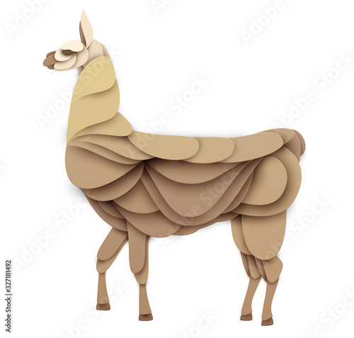 Abstract lama isolated on white background. Creative 3d concept in craft paper cut style. Colorful minimal design character. Original vector cartoon illustration.