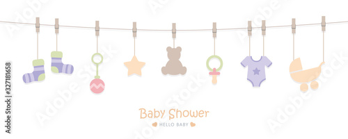 baby shower welcome greeting card for childbirth with hanging utensils vector illustration EPS10