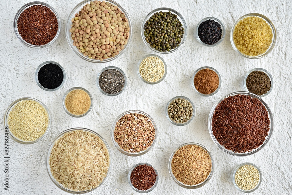 glass bowls with spices and grains glass bowls with spices and grains