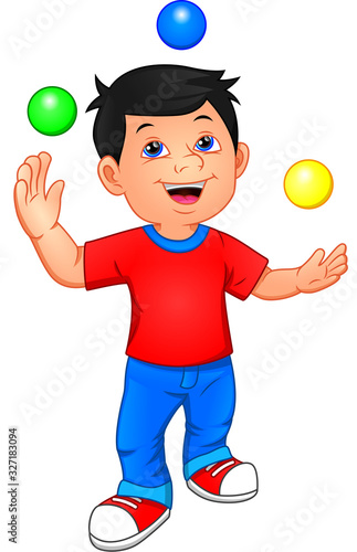 cute boy is juggling with 3 small balls