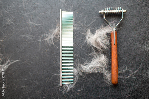 Fényképezés Comb and brush with wool on the table, Pet grooming concept.
