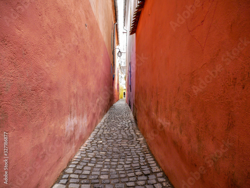 Tablou pe pânză The colorful  Rope Street  ( in Romanian Strada Sforii) on medieval streets in Transylvania, Brasov city, one of the narrowest streets in Europe