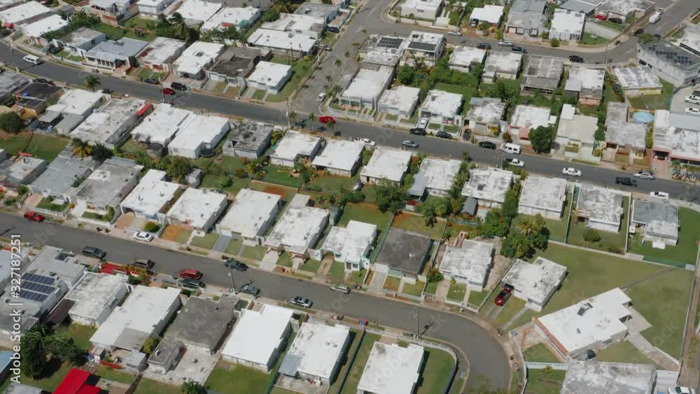 Aerial establishing shot of a residential area in Puerto Rico.