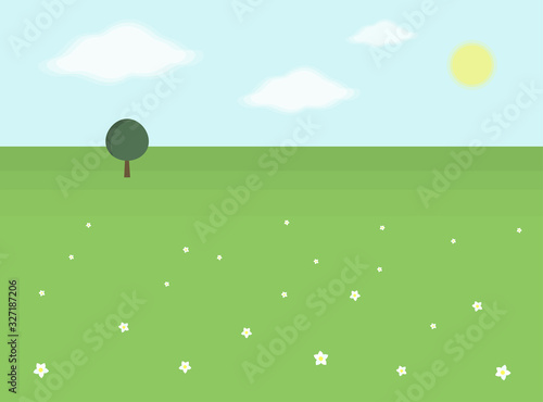 Spring landscape. Green field  flowers  tree and sky. Vector illustration.