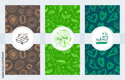 Natural cosmetics organic beauty label. Bio cosmetic. Vector hearts icons. Eco-friendly badge. Abstract herbs pattern. Green love logo design. Beauty products. Modern ornaments. Organic product badge.