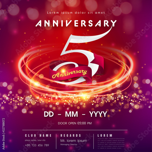 5 years anniversary logo template on red and pink Abstract futuristic space background. 5th modern technology design celebrating numbers with Hi-tech network digital technology concept design elements
