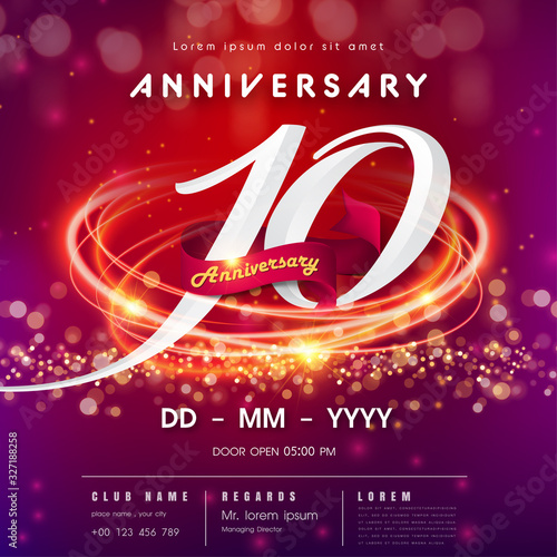 10 years anniversary logo template red and pink Abstract futuristic space background. 10th modern technology design celebrating numbers with Hi-tech network digital technology concept design elements