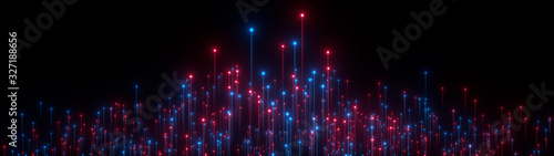 Fototapeta Naklejka Na Ścianę i Meble -  Abstract wide digital background. Neon glowing lines, luminous rays in motion, technology, network connection concept. Beautiful fireworks, colorful explosion, big bang. Falling stars. 3d rendering