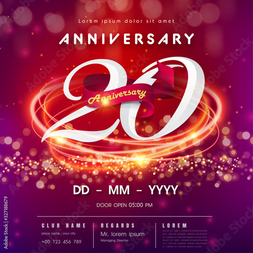 20 years anniversary logo template red and pink Abstract futuristic space background. 20th modern technology design celebrating numbers with Hi-tech network digital technology concept design elements