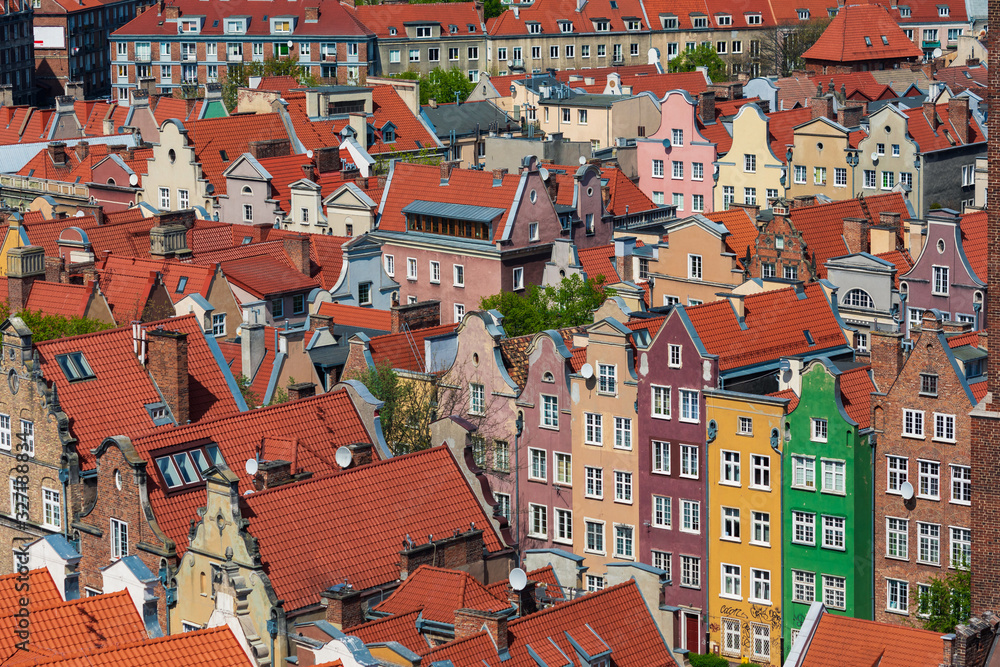 Rooftops and vivid facedes of houses in historical center of Gdansk, Poland