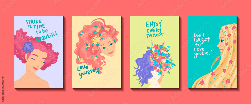 International Women's Day. Set of greeting cards. Vector templates for card, poster design. Cartoon illustration