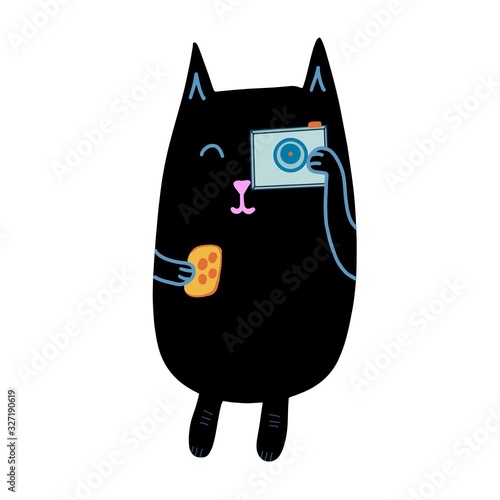 Children funny illustration cartoon style cat tourist with a camera, cute black cat. Beautiful colorful picture. Modern vector illustration.